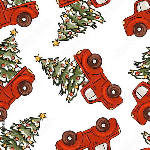 Hand drawn Christmas pattern red vintage trucks with Christmas tree vector illustration seamless background