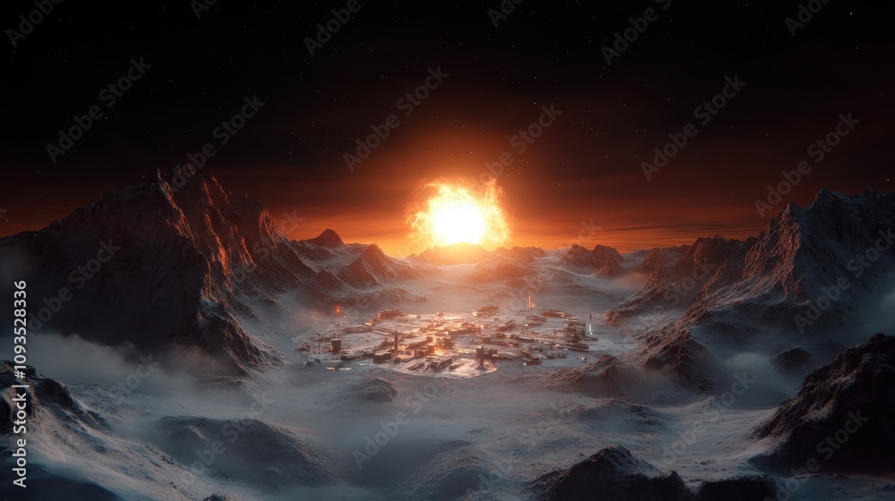 Naklejka premium A massive explosion illuminates a desolate snowy landscape surrounded by jagged mountains, representing desolation, destruction, and the power of nuclear forces.