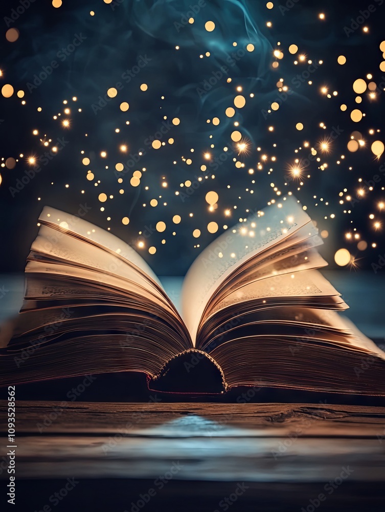 Magical Open Book with Glowing Lights - Fantasy Illustration