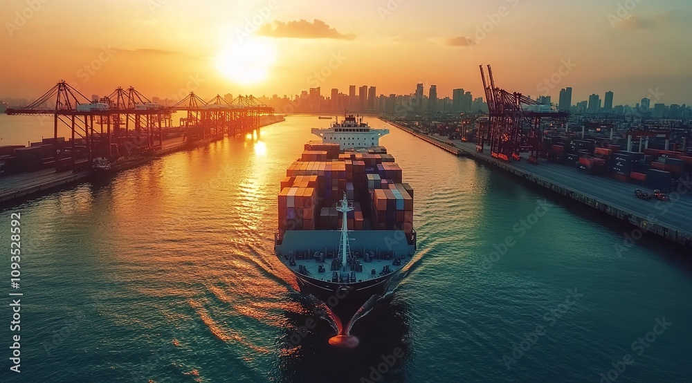 Aerial view of a cargo ship with containers sailing in the harbor Aerial view of a cargo ship with containers sailing in the harbor