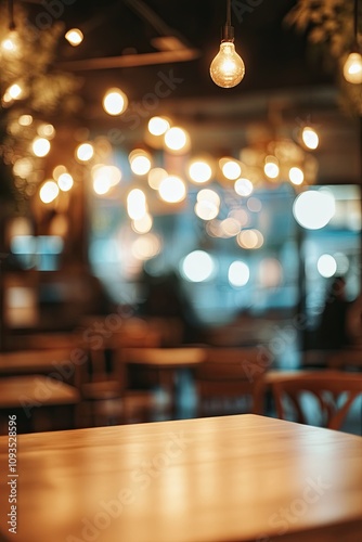 Blurred image of a modern cozy cafe interior with warm lighting, wooden furniture and a cozy atmosphere.