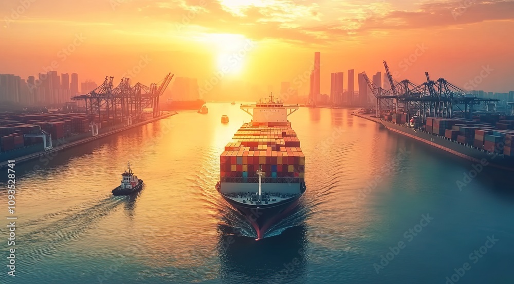 Obraz premium Aerial view of a cargo ship with containers sailing in the harbor