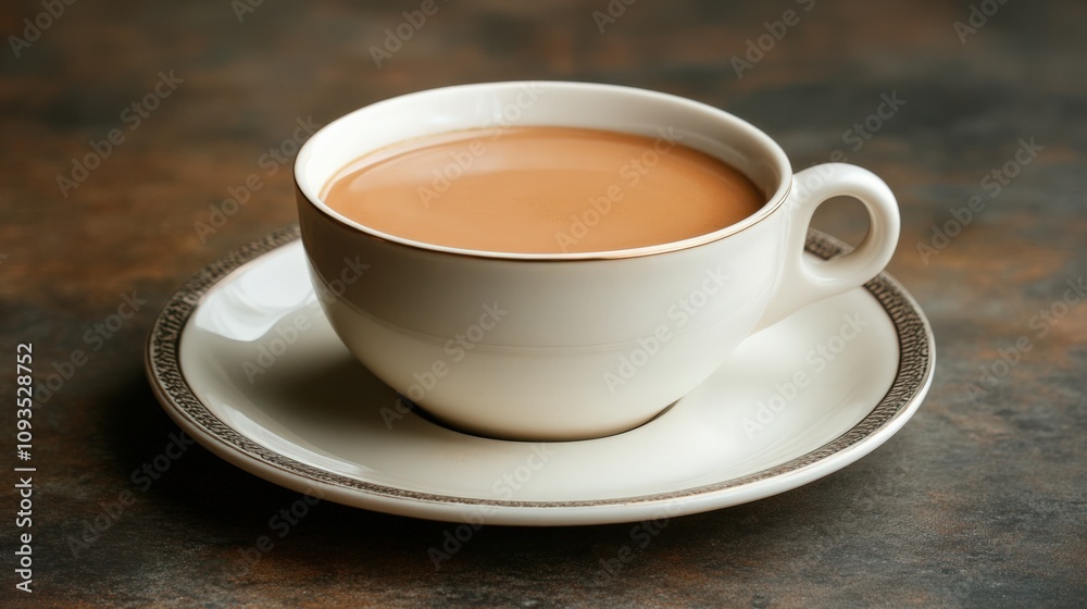Warm Coffee in Elegant White Cup on Rustic Background Warm Coffee in Elegant White Cup on Rustic Background