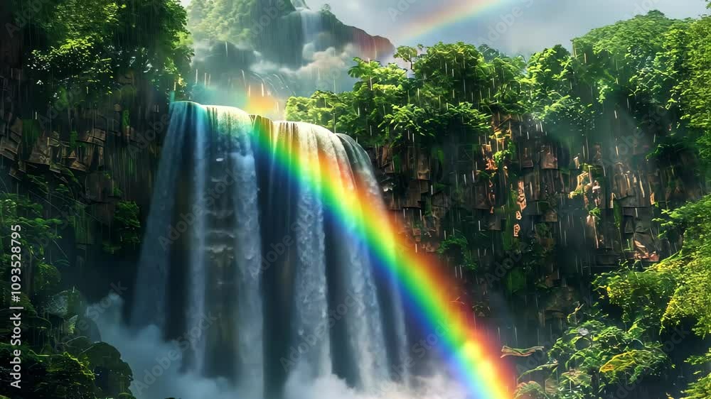 A breathtaking view of a waterfall with a vibrant rainbow arching through the falling rain, Vibrant rainbow arching over a majestic waterfall A breathtaking view of a waterfall with a vibrant rainbow arching through the falling rain, Vibrant rainbow arching over a majestic waterfall