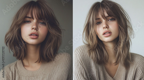 Frosty ash brown shoulder-length shaggy lob with curtain bangs soft and layered hairstyle