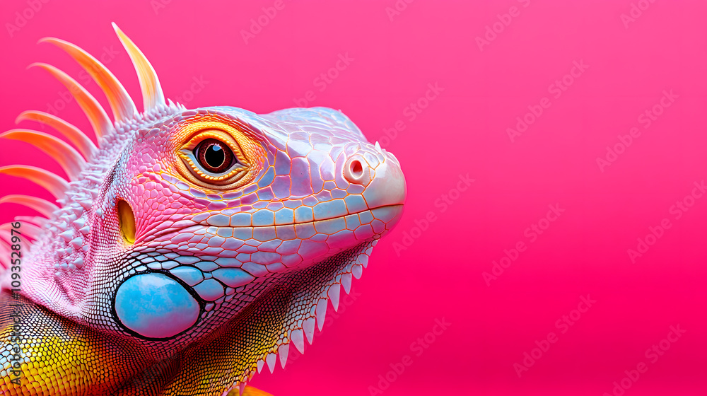 Vibrant Iguana Showcases Colorful Patterns Against a Bold Pink Backdrop in Nature-Inspired Setting