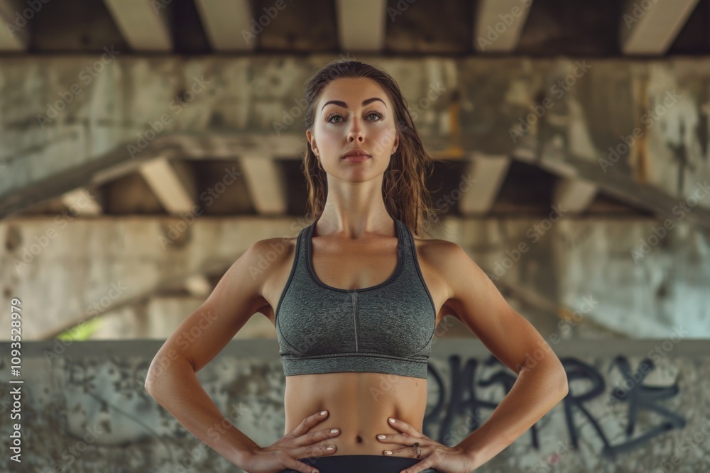 Fototapeta premium A woman in a sports bra top stands confidently, hands on hips