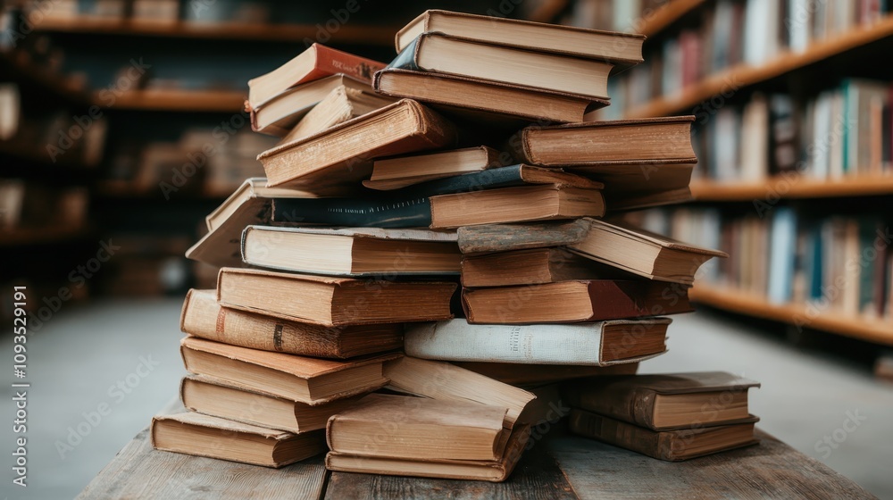A diverse stack of well-worn books is arranged on a table within an expansive library, offering a sense of history, knowledge, and endless possibilities for discovery. A diverse stack of well-worn books is arranged on a table within an expansive library, offering a sense of history, knowledge, and endless possibilities for discovery.