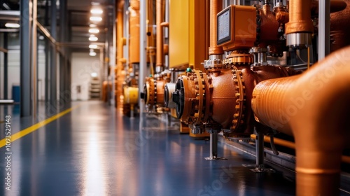 The scene features a series of industrial machinery neatly aligned along a corridor with a reflective floor, embodying precision, order, and advanced manufacturing techniques. photo