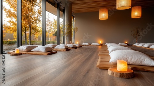 A peaceful meditation space with cushions neatly arranged on wooden floors, illuminated by warm lighting and a view of autumn foliage through large windows. photo