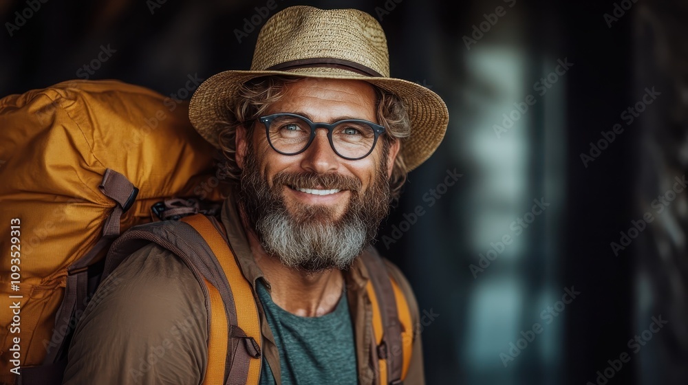 A stylish traveler wearing glasses and a straw hat, with a backpack, shows confidence with a warm smile, ready for new experiences and global adventures. A stylish traveler wearing glasses and a straw hat, with a backpack, shows confidence with a warm smile, ready for new experiences and global adventures.