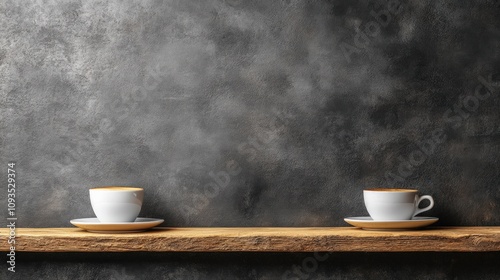 Elegant Display of Two Coffee Cups on Rustic Shelf