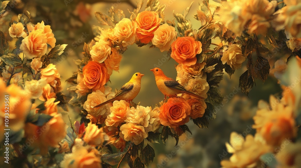 Two Golden Birds Perched Within A Rose Wreath Two Golden Birds Perched Within A Rose Wreath