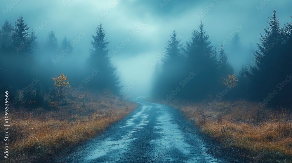 Foggy Forest Road with Pine Trees and Golden Foliage - Mysterious and Serene Nature Scene Foggy Forest Road with Pine Trees and Golden Foliage - Mysterious and Serene Nature Scene