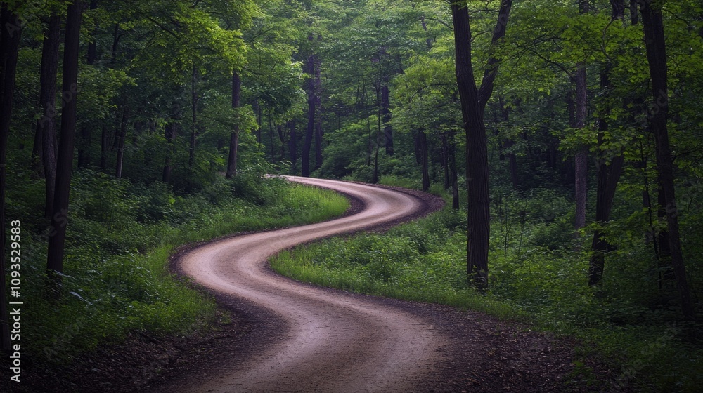 Fototapeta premium A dirt road winding through dense forest foliage