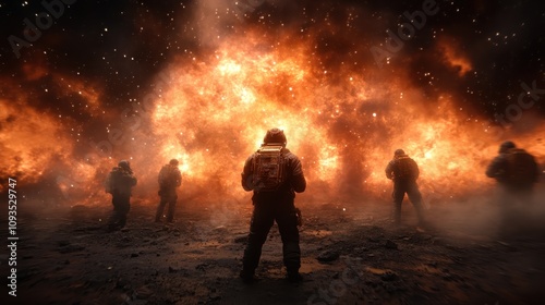 A group of astronauts in advanced suits stand mesmerized in the foreground as a brilliant, fiery explosion unfolds across the cosmic backdrop of the deep starry sky.