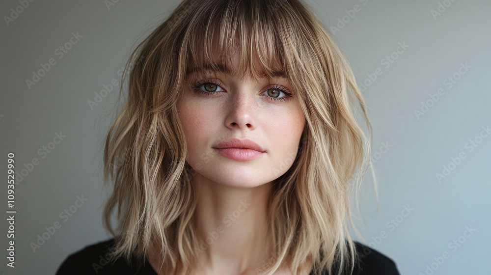 Warm caramel bronde shoulder-length shag with bangs soft and trendy hairstyle