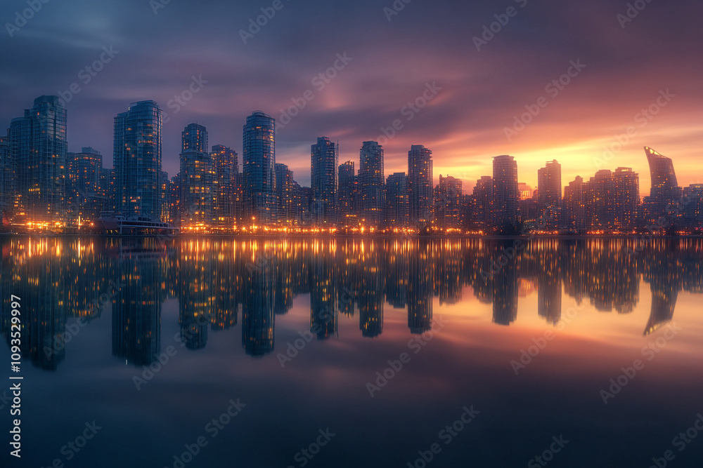 Fototapeta premium Skyline Reflection of a Vibrant City at Dusk, Calm and Serene