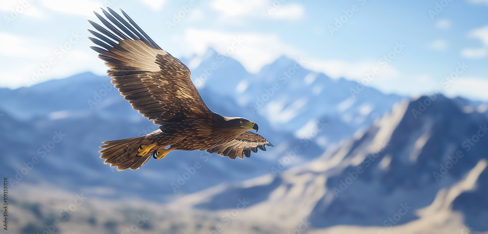 Fototapeta premium Eagle flying in a cloudless sky with a blurred mountain range in the background.