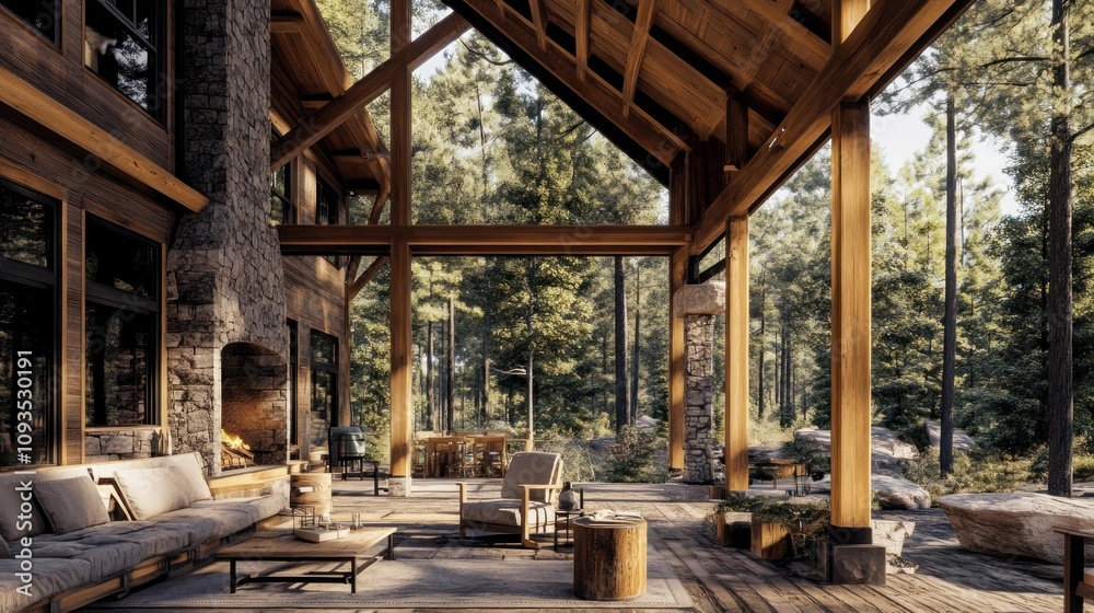 Fototapeta premium Rustic Cabin Porch in Pine Forest Serenity