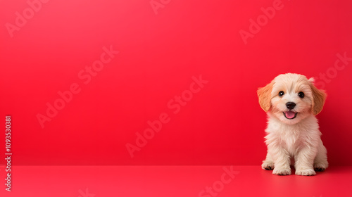 Cute Puppy Posing Cheerfully Against a Vibrant Red Background While Showcasing Its Playful Spirit