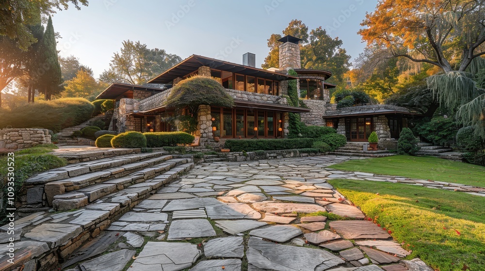 Obraz premium Elegantly designed stone house surrounded by lush greenery in a serene autumn landscape at sunset. Generative AI