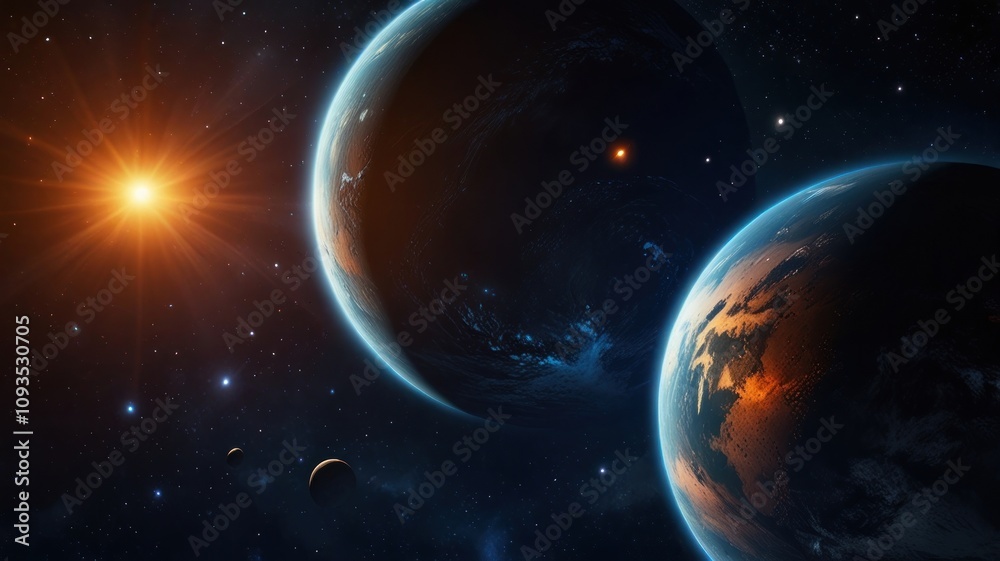 Obraz premium Here's a description and keywords for your image.. Two planets orbiting a bright star in deep space.
