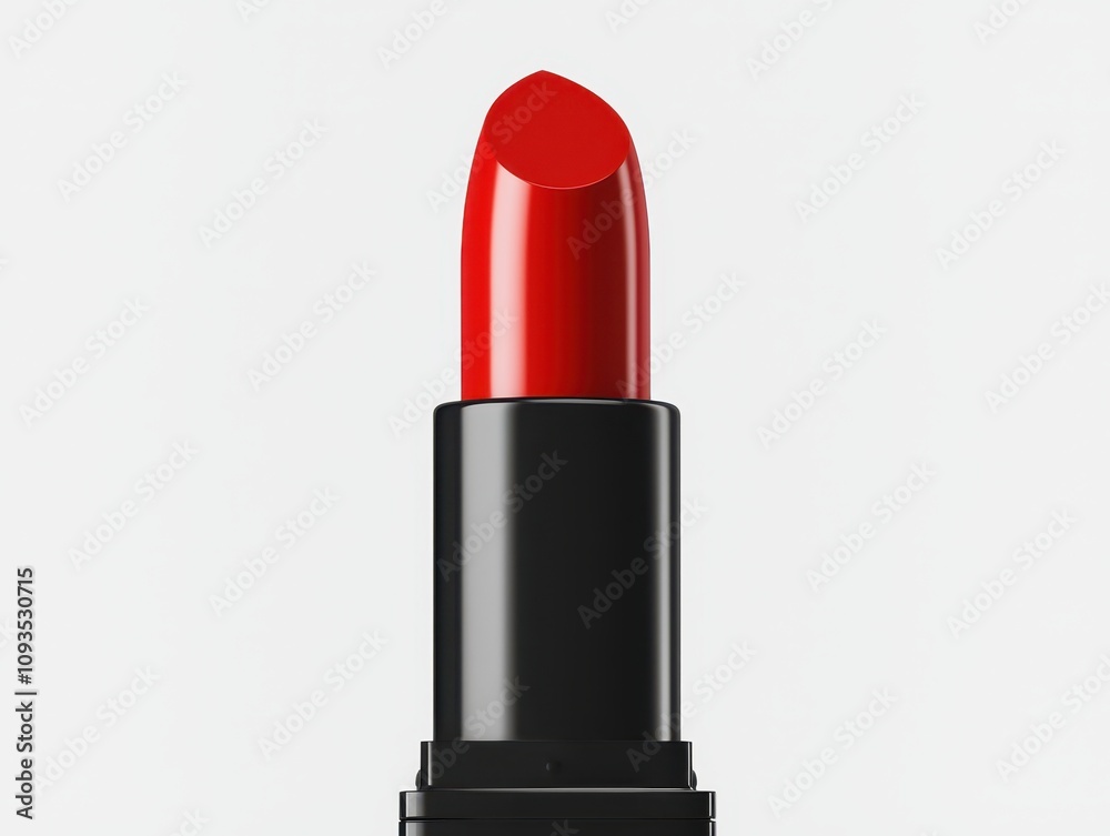 A vibrant red lipstick stands upright in its black casing, showcasing its glossy texture against a plain background. A vibrant red lipstick stands upright in its black casing, showcasing its glossy texture against a plain background.
