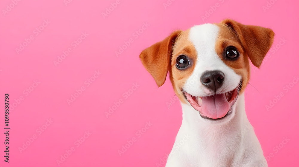 Joyful Puppy With Bright Smile Against Vibrant Pink Background Showcases Friendly Nature and Charm Joyful Puppy With Bright Smile Against Vibrant Pink Background Showcases Friendly Nature and Charm