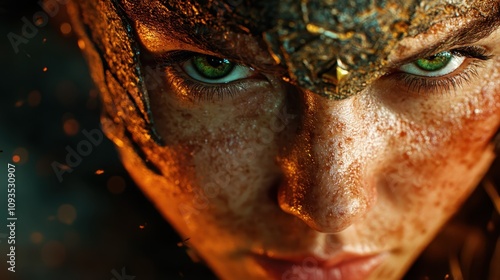 This image features a fiery warrior face with green eyes and a smoldering intensity, conveying themes of strength and resilience in a dramatic and artistic manner. photo