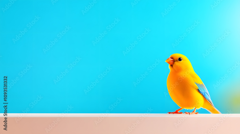 Bright Golden Canary Perched Gracefully Against a Soothing Blue Backdrop in a Serene Setting Bright Golden Canary Perched Gracefully Against a Soothing Blue Backdrop in a Serene Setting