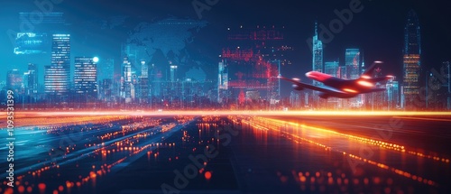 Airplane taking off over futuristic city at night.