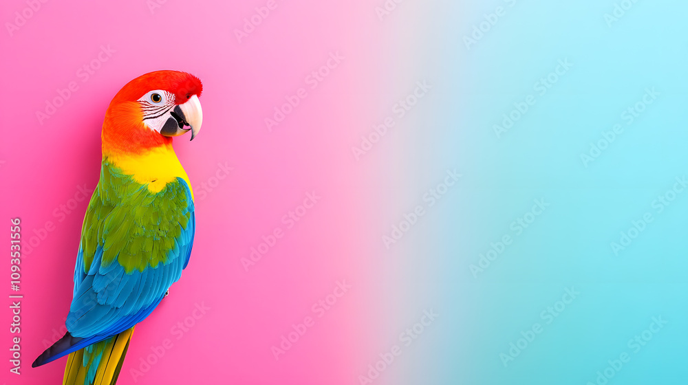 Fototapeta premium Vibrant Macaw Perched Against a Pastel Backdrop of Pink and Blue Hues in Nature's Embrace