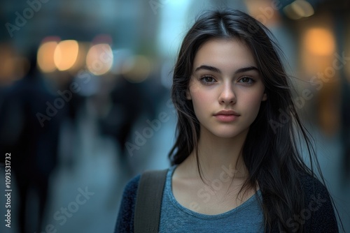 Wallpaper Mural A woman with long black hair wearing a blue shirt, great for profiles or fashion shots Torontodigital.ca