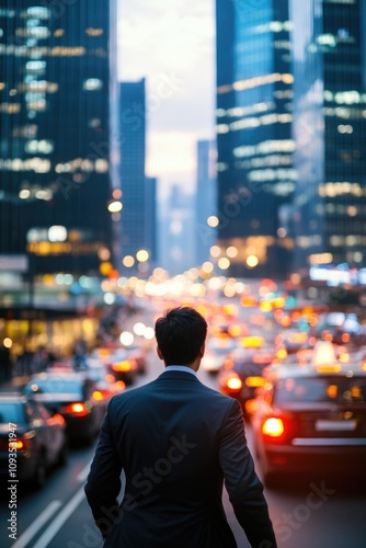 A person dressed in business attire walking down the sidewalk