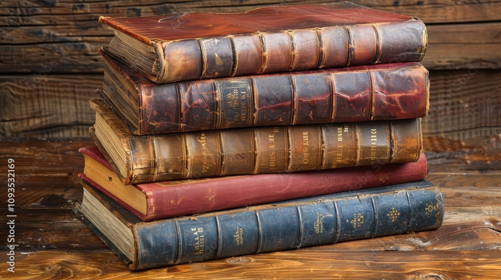 Old leather-bound books stacked on a rustic wooden table invite exploration of timeless stories. Generative AI Old leather-bound books stacked on a rustic wooden table invite exploration of timeless stories. Generative AI
