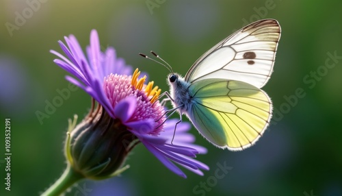 White butterfly pollinates purple flower. Close-up macro view of delicate butterfly on blossom. Natural garden scene. Summer day. Wildlife photo. Nature beauty. Vivid colors of flora, fauna. Eco