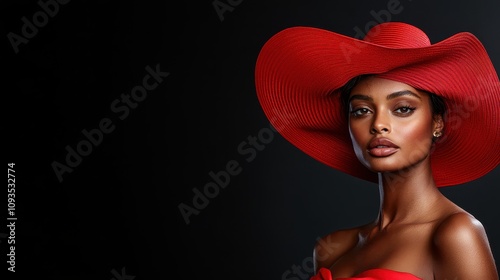 With an air of elegance, a woman wearing a red hat gazes confidently forward, against a sleek dark background, embodying bold fashion and artistic expression.