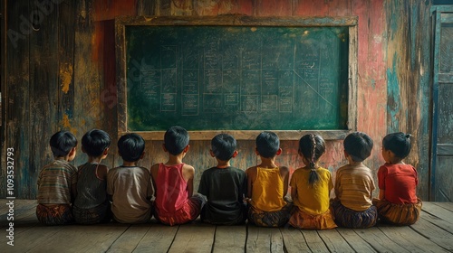 Children are sitting on the floor in front of a blackboard