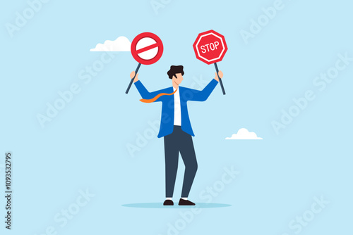 Flat illustration of businessman hold forbidden and stop sign restriction banned attention avoid wrong information