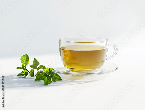 Photo of a soothing glass tea cup with herbal sprigs, offering elegance and a tranquil vibe.