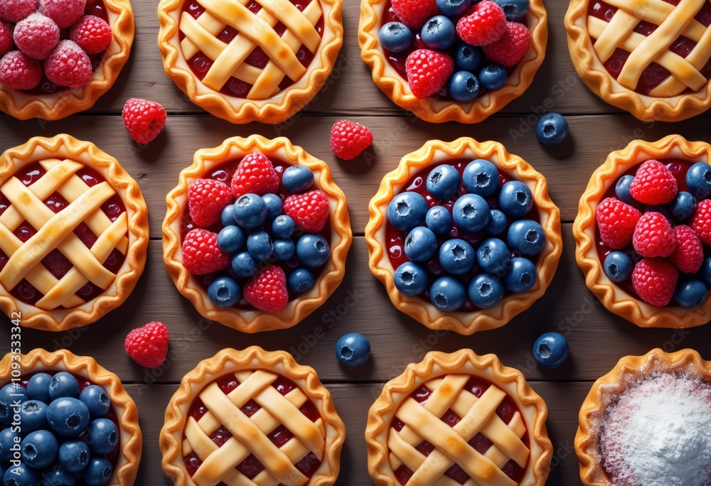 Delicious berry pies arranged attractively on wooden surface. Colorful fresh berries adorn pies. Sweet, mouthwatering treats. Ideal for dessert. Tasty fruit pies. Arrangement perfect for food blog Delicious berry pies arranged attractively on wooden surface. Colorful fresh berries adorn pies. Sweet, mouthwatering treats. Ideal for dessert. Tasty fruit pies. Arrangement perfect for food blog