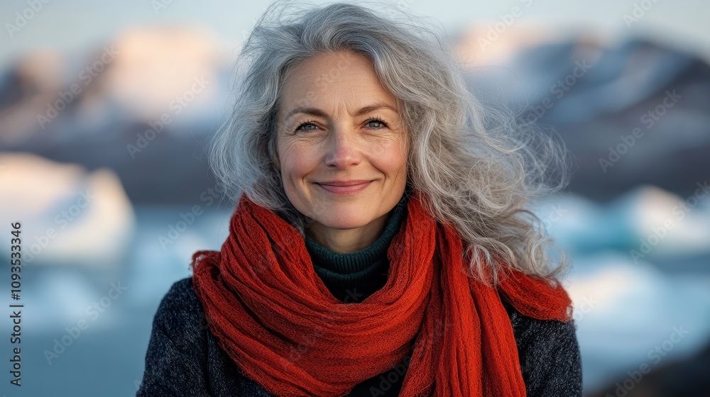 A serene woman with silver hair wrapped in a vibrant red scarf smiles warmly, standing in front of a breathtaking icy landscape, evoking calmness and wisdom. A serene woman with silver hair wrapped in a vibrant red scarf smiles warmly, standing in front of a breathtaking icy landscape, evoking calmness and wisdom.