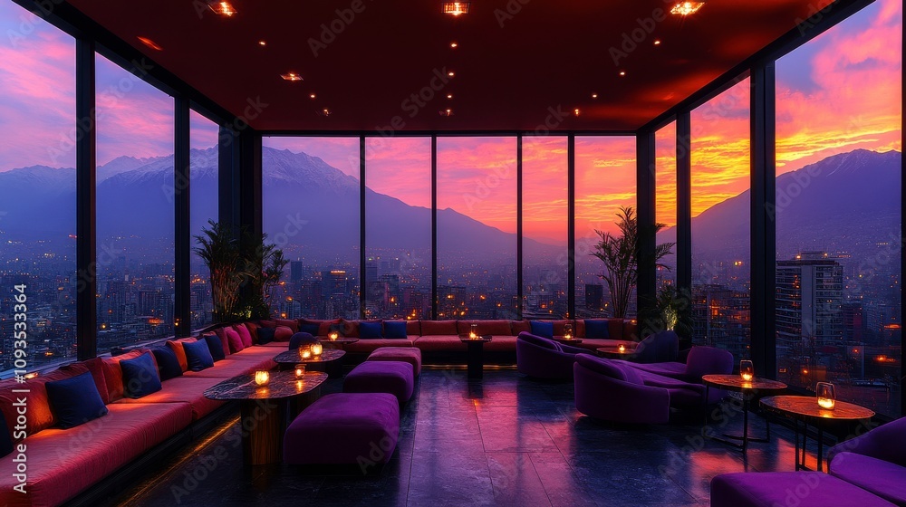 Modern Lounge with Panoramic Mountain View at Sunset, Featuring Cozy Seating, Soft Lighting, and Vibrant Color Palette in an Urban Setting Modern Lounge with Panoramic Mountain View at Sunset, Featuring Cozy Seating, Soft Lighting, and Vibrant Color Palette in an Urban Setting
