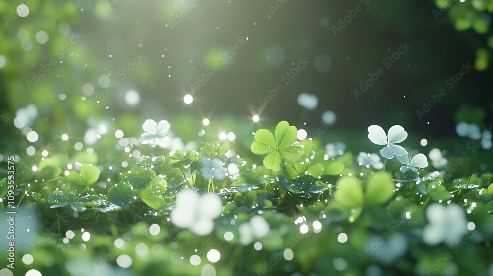 Fresh green clover leaves with morning dew drops in soft focus. Natural spring background with bokeh lights and water droplets. Magic forest floor scene for St Patrick's day Fresh green clover leaves with morning dew drops in soft focus. Natural spring background with bokeh lights and water droplets. Magic forest floor scene for St Patrick's day