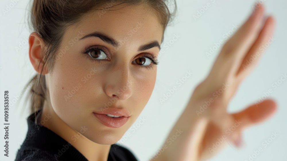 Fototapeta premium A woman holds up her hand to shield her eyes from the light