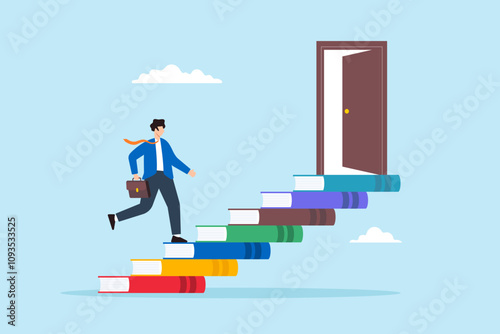 Flat illustration of businessman climb up book staircase reach open door learning new opportunity education growth career