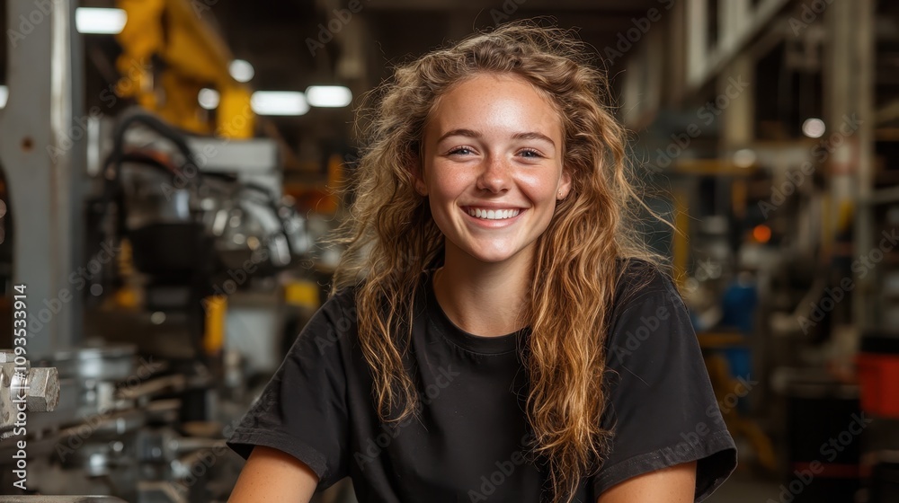 A cheerful young woman with curly hair smiles brightly in an industrial workshop, surrounded by machinery and vibrant hues, capturing work and joy. A cheerful young woman with curly hair smiles brightly in an industrial workshop, surrounded by machinery and vibrant hues, capturing work and joy.