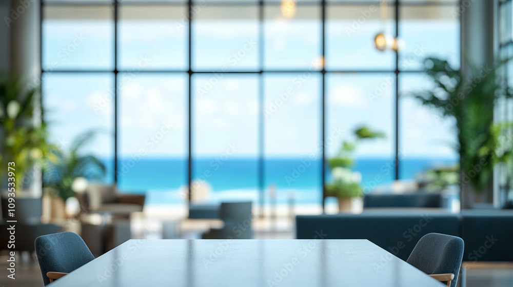 Blurred co-working space with a large window and a blue ocean view Blurred co-working space with a large window and a blue ocean view