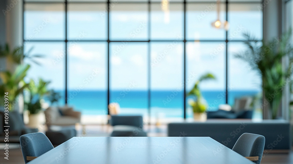 Blurred co-working space with a large window and a blue ocean view Blurred co-working space with a large window and a blue ocean view